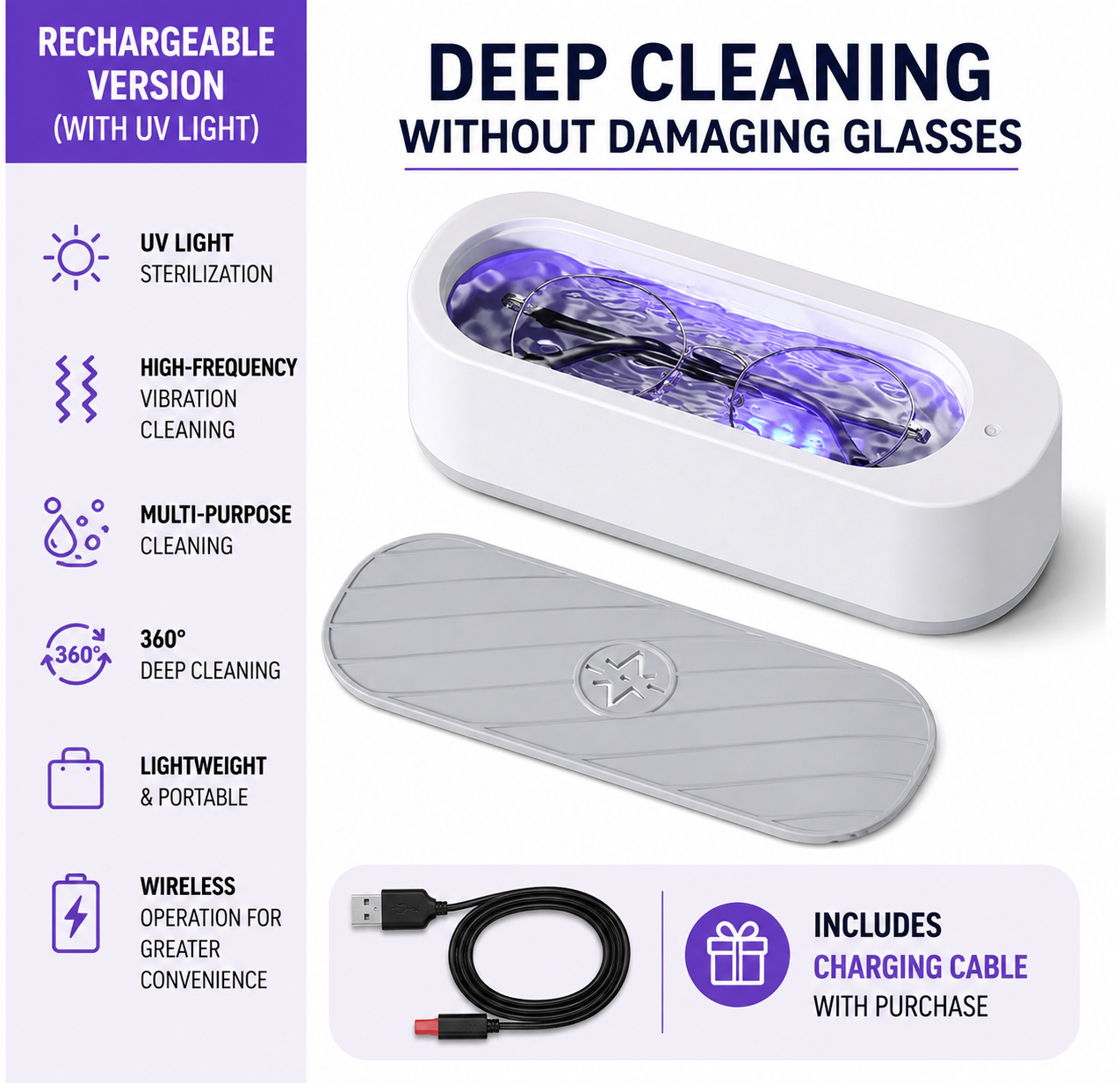 Clean Ultrasonic Cleaner Portable 45000Hz High-Frequency Vibration Cleaning Machine Jewelry Glasses Watch Cleaning